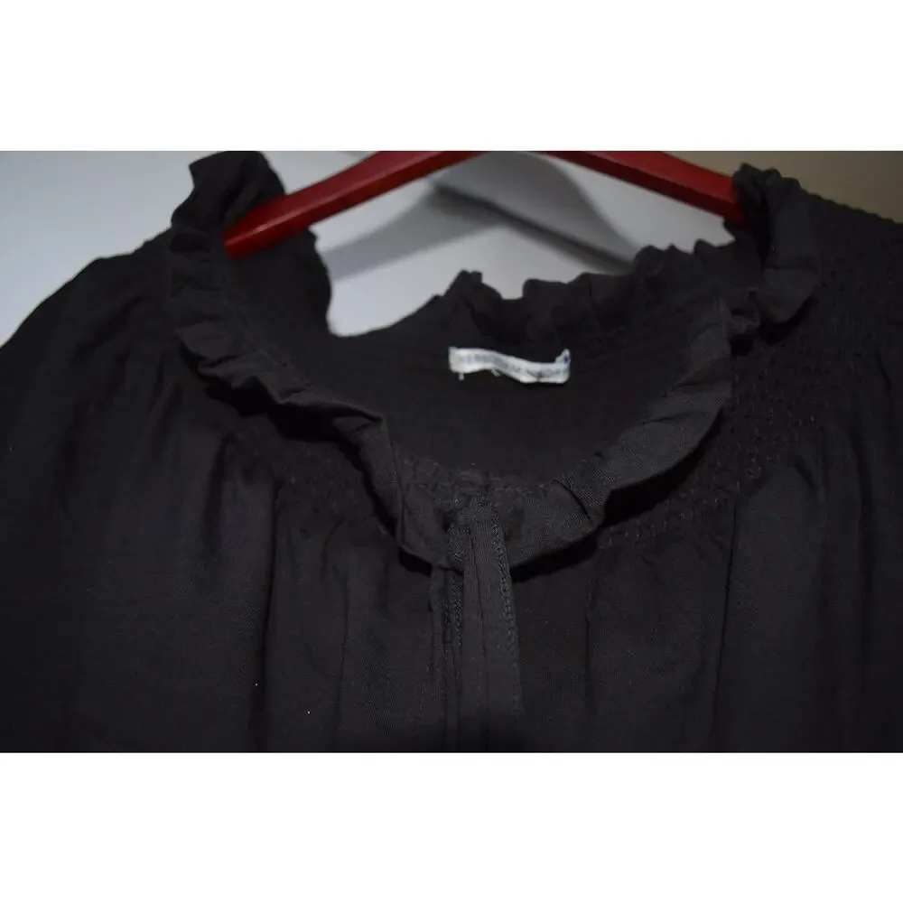 Rebecca Minkoff Black Off Shoulder Ruffle Smocked Dress Tassel Tie